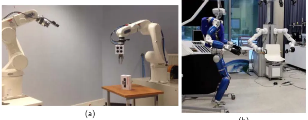 Figure 1.5: Experimental Setup: (a) Two serial manipulators equipped with a grip- grip-per and a camera; (b) TORO, DLR’s torque-controlled humanoid robot.