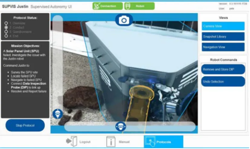 Figure 2.4: The tablet interface used in the SUPVIS Justin experiment. A rich graphical interface with augmented reality overlays allow for an easy and  user-friendly experience of supervisory teleoperation