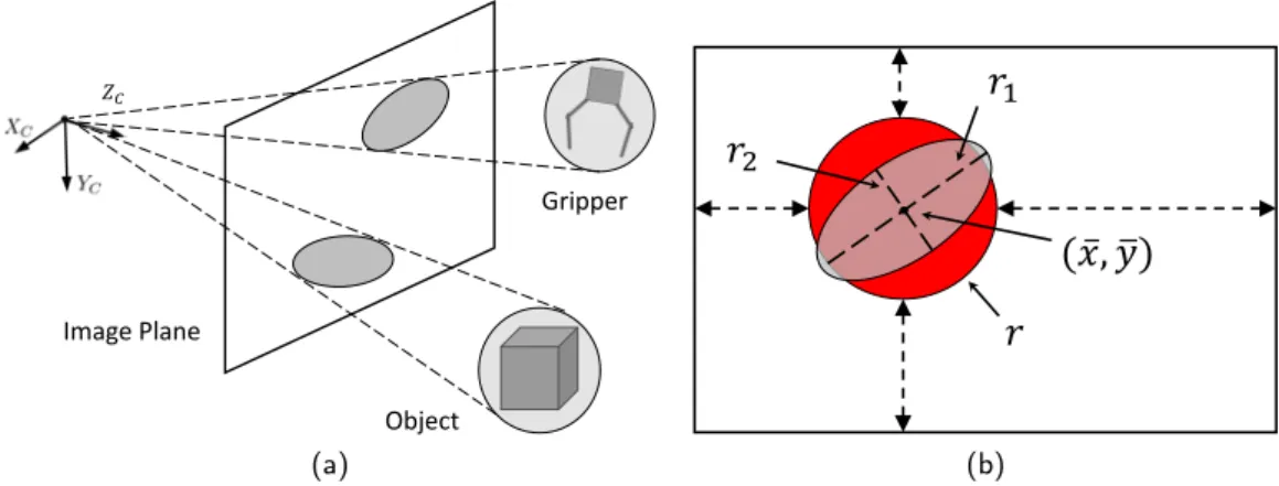 Figure 3.5: (a) The projection of the object and the gripper on the image plane. (b) The estimation of the ellipse as a circle using the p-norm of the major and minor axis.