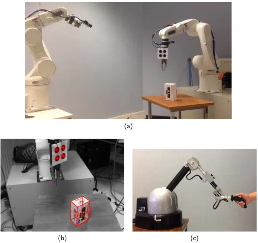 Figure 3.10: Experimental Setup: (a) the two 6-DoF manipulators carrying the camera and the gripper; (b) camera image with the segmentation of the object and the ﬁducial markers on the gripper exploited by the model-based tracker for reconstructing the gri