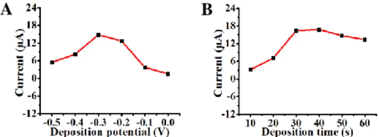 Figure  4:  Influences  of  (A)  deposition  potential  and  (B)  deposition  time  on  the  stripping  peak  of  30  ppb  Cu(II)