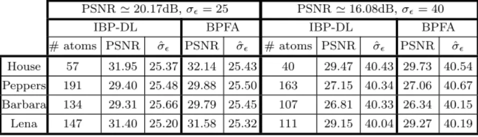 Table 2 The results of IBP-DL and BPFA approaches when the true noise level was 25 and 40