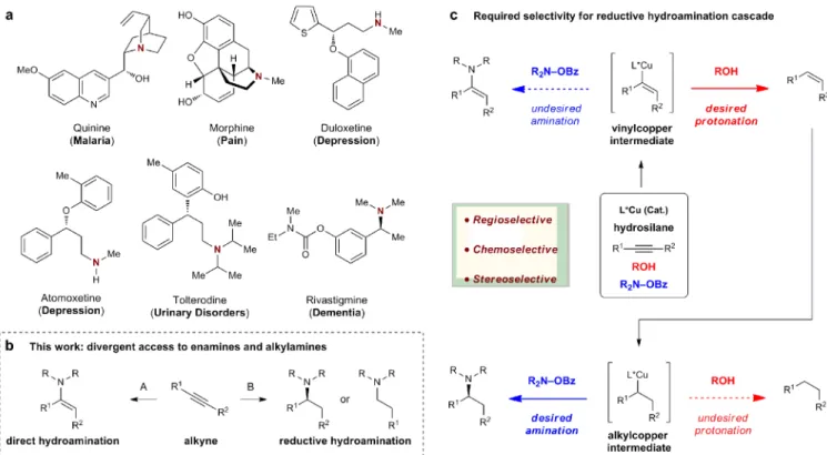 Figure 1. Bioactive amines, the synthesis of amines from alkynes, and the reductive  hydroamination cascade strategy