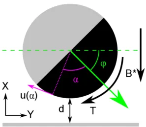 Fig. 7 A schematic showing the simulation set-up. The green arrow indicates the particle axis as well as the swimmer orientation