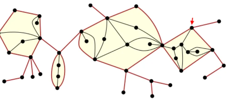 Figure 1: A quadrangulation from Q 23,19 . The root is the corner indicated by the red arrow.