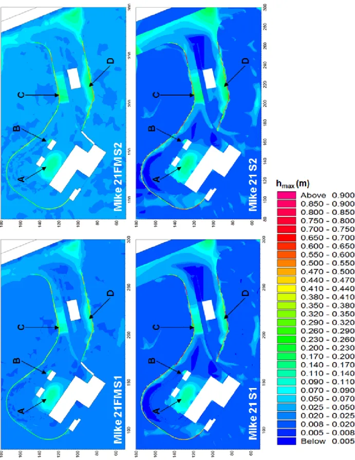Figure  3.6.  Comparison  of  maximal  water  depth  (h max )  values  reached  in  cells  for  S1  and  S2  scenarios  simulations with Mike 21 and Mike 21 FM
