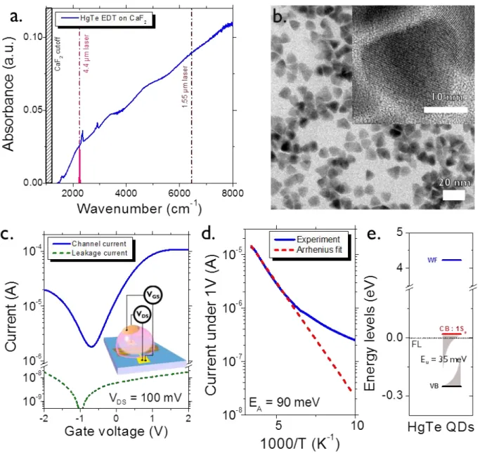 Figure 1: Physical properties of HgTe QDs used in this work. a. FTIR spectrum of EDT-capped HgTe QDs assembled into a film on CaF 2  substrate