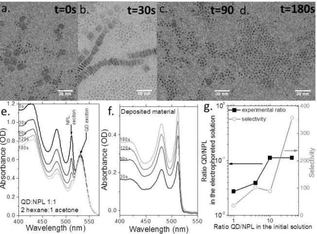 Figure  4  a-d  are  TEM  images  of  mixtures  initially  made  of  small  CdSe  QD  and  CdSe  NPL  at  different time of the electrophoresis