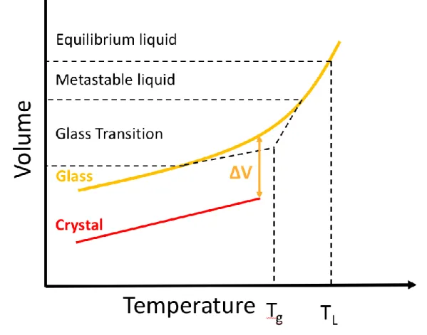 Figure I.2: Volume variation as a function of the temperature while cooling a liquid  to form a crystal or a glass