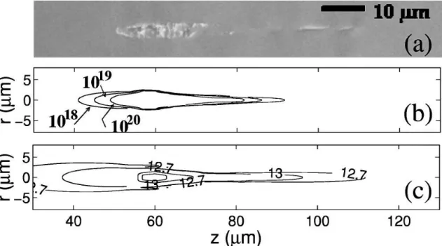 Figure I.15: (a) Scanning electron microscopy image of a track damage obtained by  focusing femtosecond pulses inside fused silica (b) Numerical simulation electron  density (c) Computed intensity counterplots