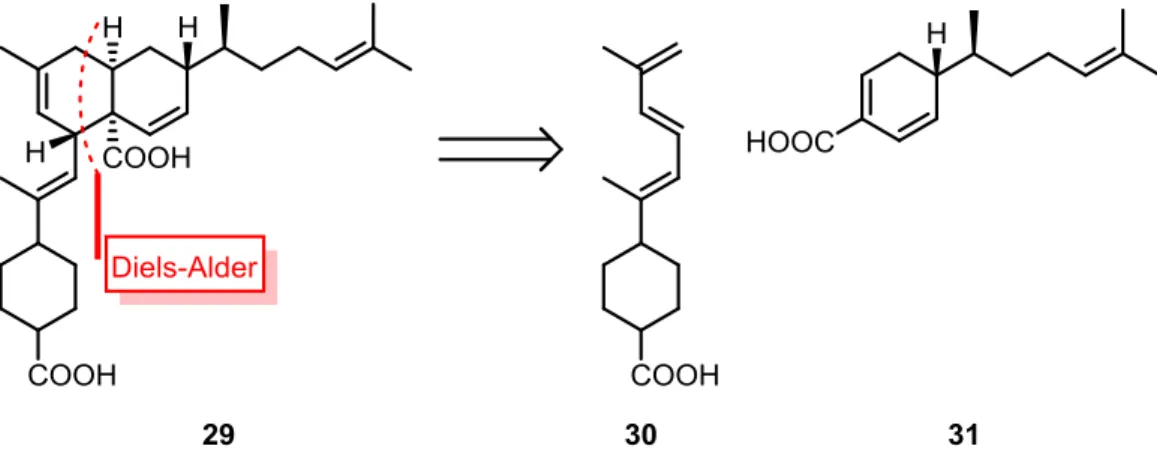 Figure 40 Analyse rétrosynthétique mettant en jeu l'étape bioinspirée de Diels-Alder 