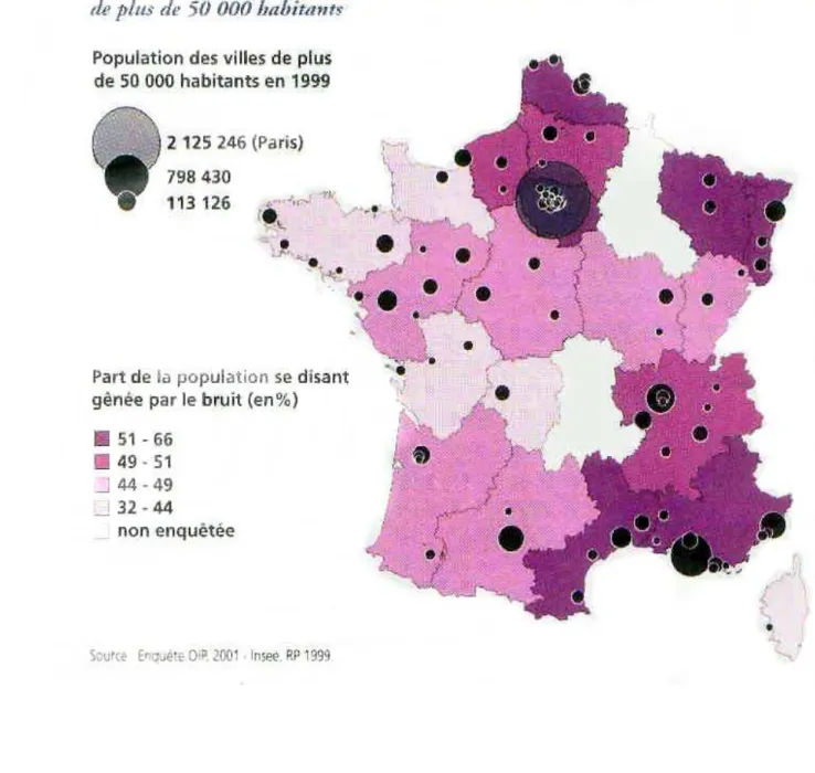 Fig. 6 - Les régions où il y a le plus d’habitants qui se déclarent gênés par le bruit, sont les régions  les plus urbanisées de France (Ile de France, Alsace, PACA et Nord-Pas de Calais) 
