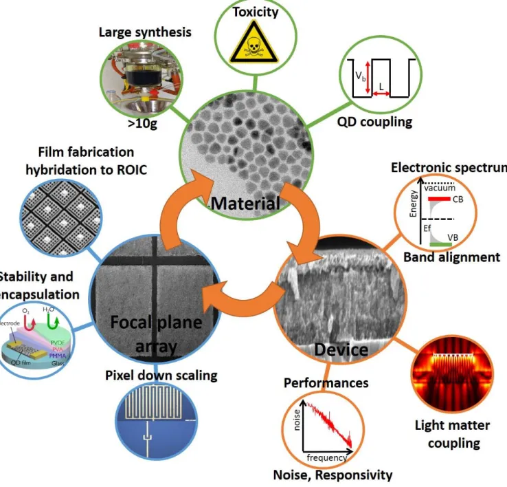 Figure 2 : Illustration of the main challenges that need to be addressed to bring the field of IR nanocrystals to a mature level for thermal  imaging