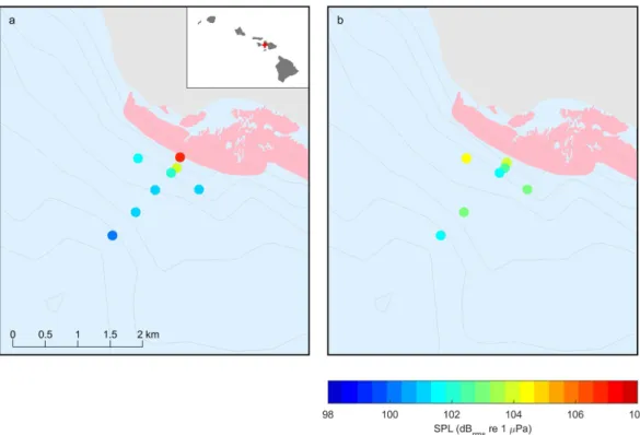 Figure 1.  Map of Olowalu reef and transect point sound pressure levels (200–4900 Hz) at different  distances from the reef during the (a) dawn and (b) mid-morning transects
