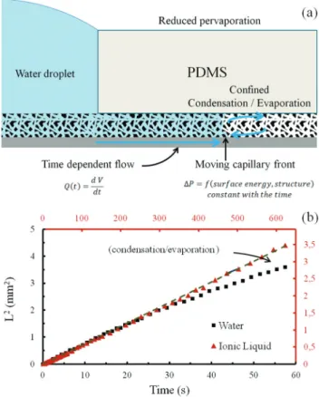 Fig. 4 (a) Scheme of the phenomena taking place when a water drop stands at the edge of PDMS top cover (stamp) on a thin ﬁ lm that allows wicking