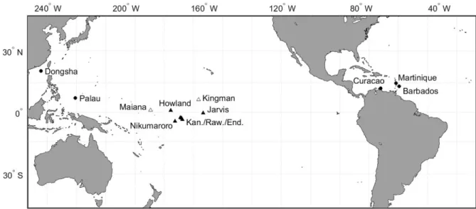 Figure 3.2: Map of reefs from which coral cores were collected and analyzed in this study