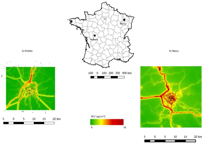 Figure 6. Niveaux de concentration en NO 2  à Poitiers et à Nancy estimés à partir du modèle de dispersion, 2005