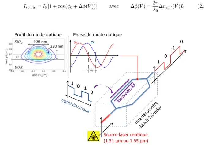 Figure 2.2 – Principe de fonctionnement d’un modulateur optique ` a ´ electror´ efraction ` a partir d’un interf´ erom` etre de Mach-Zehnder