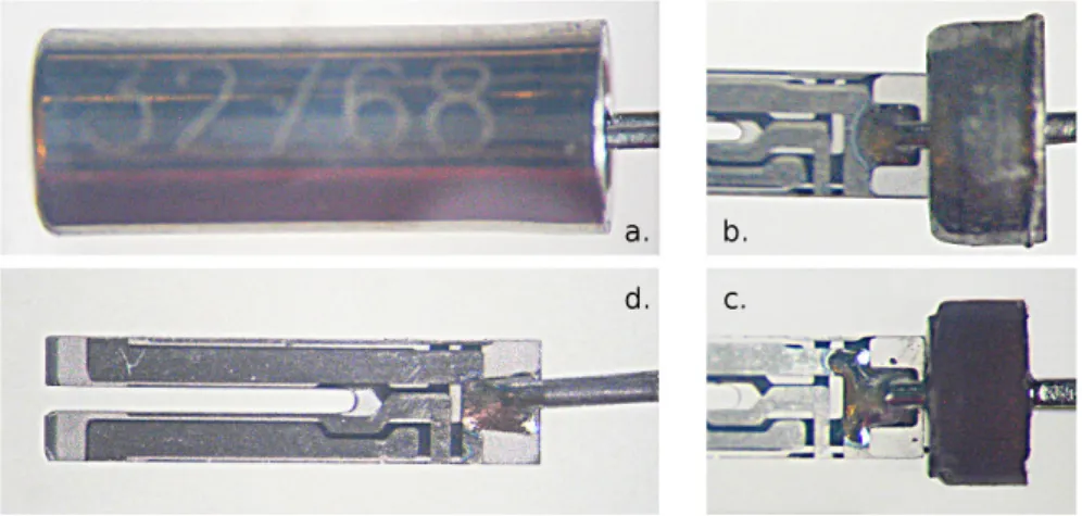 Figure 2.3 - Tuning fork (Abracon AB38T), a. – in its standard vacuum container; b. – base ring with the container removed; c