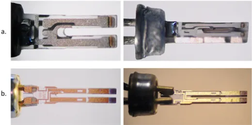 Figure 2.9 - Prong length and thickness comparison between: a. – a 153 kHz tuning fork (ECS Inc XC978); and b