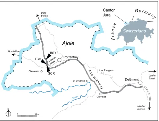 Figure 1. Map of the Ajoie region, Canton Jura, NW Switzerland. The three localities discussed in the text are indicated along the A16 highway: Bois de Sylleux  (BSY), Sur Combe Ronde (SCR), and Tchafouè (TCH).