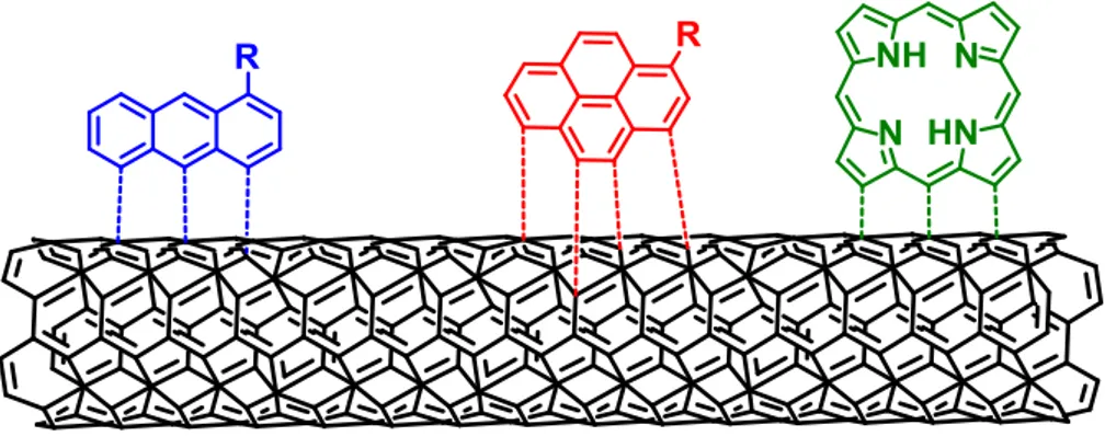 Figure I-17 : Interaction de π-stacking entre des composés polyaromatiques et la paroi des CNTs