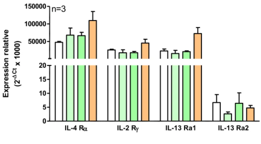 Figure 6: Expression relative des ARNm des récepteurs de type I et II à l’IL-4 et l’IL-13 par les  macrophages pulmonaires humains  