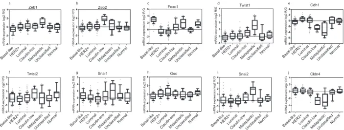 Fig. S5. Gene-expression data were plotted as box plots for EMT-related genes and samples were classi ﬁ ed by intrinsic subtype as in Herschkowitz et al