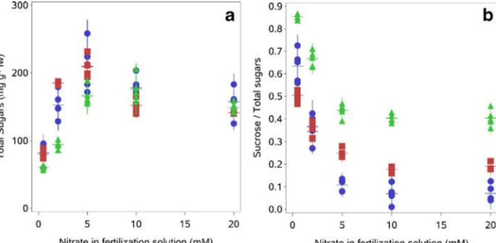 Fig.  2   Total sugars (SUC +  GLU + FRU, a) and ratio of  SUC/total sugars (b) in  leaves of lettuce plants  grown under different N  regimes in three independent  experiments (dots E1; 