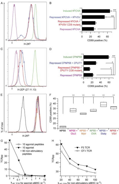 Figure 3.  The effect of CD8 affinity for coago- coago-nist pMHC on coagonism. Inducible sc-K b OVA   or sc-D b NP68 CHO cells were super-transfected   with constitutive sc-K b VSV CD8-binding mutant   (sc-K b VSV-CD8m) or sc-D b UTY CD8-binding mutant  (s