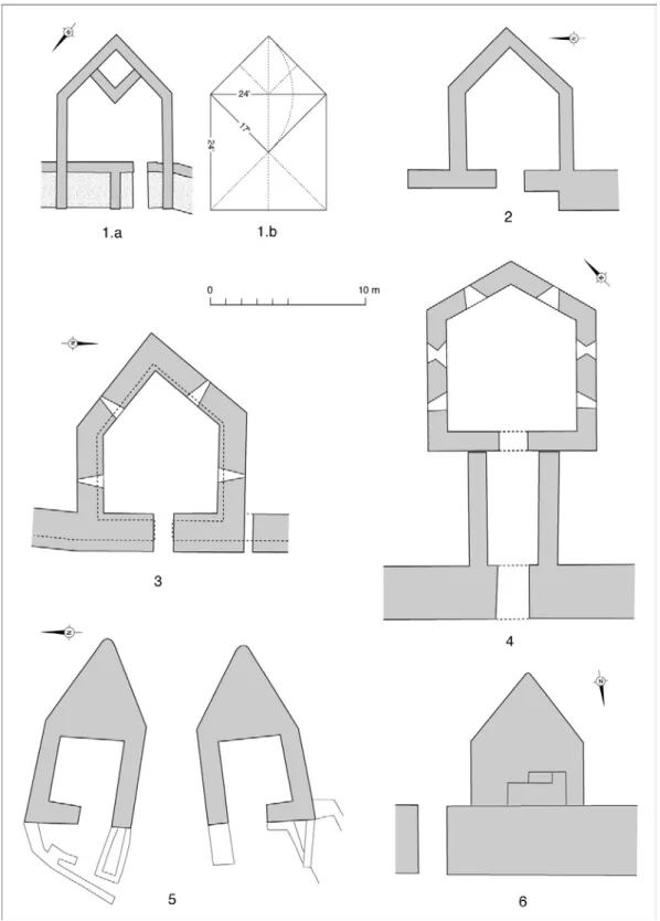 Fig.  5.  Plans  de  plusieurs  tours  pentagonales  hellénistiques.  1a :  Tour  d’Akraïphia,  d’après  G ARLAN  1974 ; 1b : tracé régulateur possible, en pieds d’environ 31 cm (élaboration personnelle)