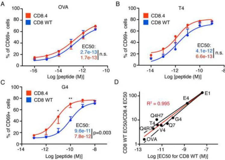 Figure 5. CD8.4 preferentially enhances response to weak ligands