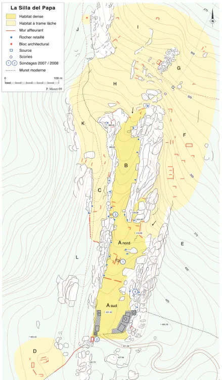 Fig. 3. La Silla del Papa. Plan des vestiges archéologiques visibles. Dans les zones F à I,  le positionnement des murs visibles en surface est approximatif.