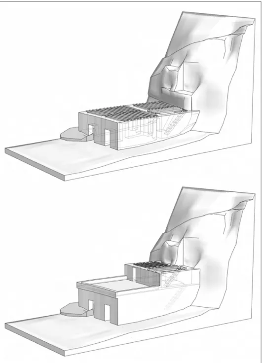 Fig. 10-11. Proposition de restitution 3D des premier et deuxième niveaux de la maison B2  (élaboration Antoine Constans) .