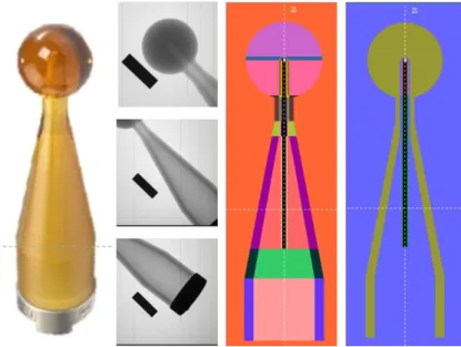 Figure 2.11. (from left to right) 4 cm spherical applicator of the IB-XRS; three radiography images of the 4 cm applicator with  a scaling piece used for applicator dimensions calculations; developed geometry of the entire applicator (with metallic ring  d