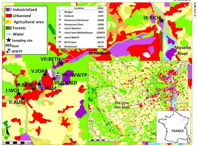 Figure III 1 Study Area land cover, showing the selected sampling sites (map source: Geoportail  2015)