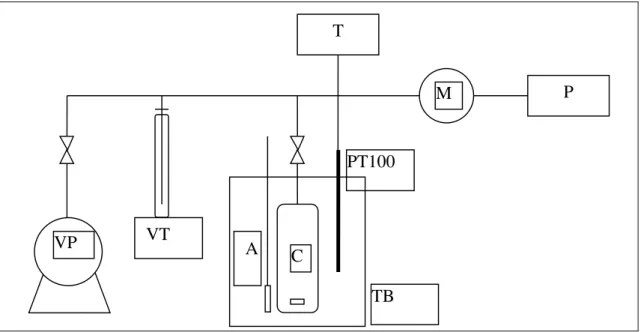 Figure II.2: Schematic representation of the VLE apparatus: VP: Vacuum Pump; 