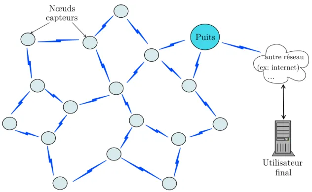 Figure 1.1 – Topologie d’un réseau de capteurs sans fil pour la surveillance environ- environ-nementale.