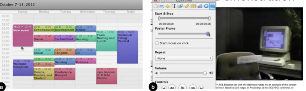 Figure 4.7: Examples of situations where subpixel interaction is beneficial: (a) editing calendar events with minute resolution in a weekly view, and (b) selecting a poster frame from a video while preparing a slide deck.