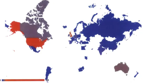 Figure 2-2:  Number of non-corporate accelerators per country.  Data based on  Seed-DB (Christiansen 2015)