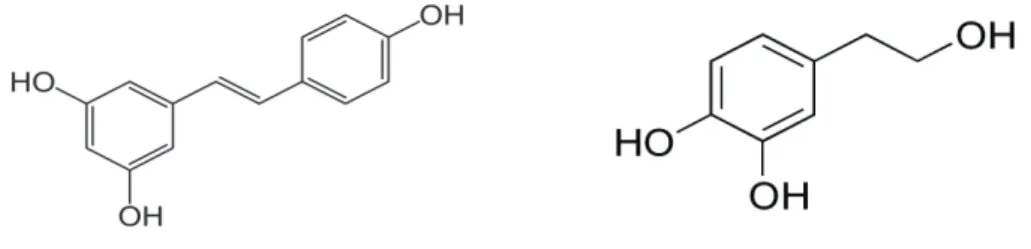 Figure 12 : Structure du resveratrol (à gauche) et de l’hydroxytyrosol (à droite). 
