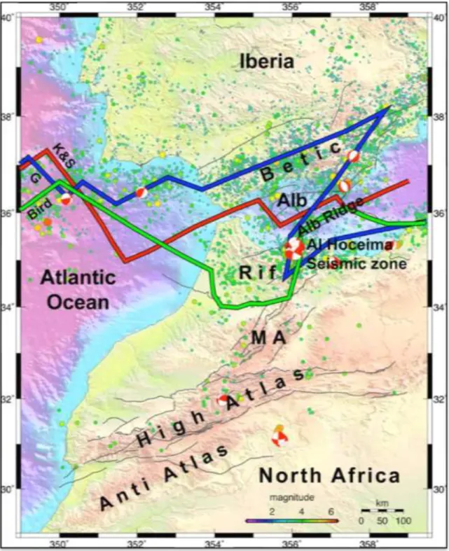 Figure I-3 : Carte sismotectonique et bathymétrique de la terminaison occidentale de la Méditerranée (Vernant et  al., 2010), représentant les trois hypothèses majeures de la géométrie de la frontière de plaques entre le Golfe de  Cadix et le domaine Albor
