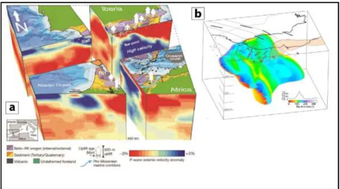 Figure  I-5 : a)  Carte  géologique  de  l’arc  de  Gibraltar et  des  structures  mantelliques  sous-jacentes,  issues  des  données  de  tomographie  sismique  (Garcia-Castellanos  et  Villaseñor,  2011)