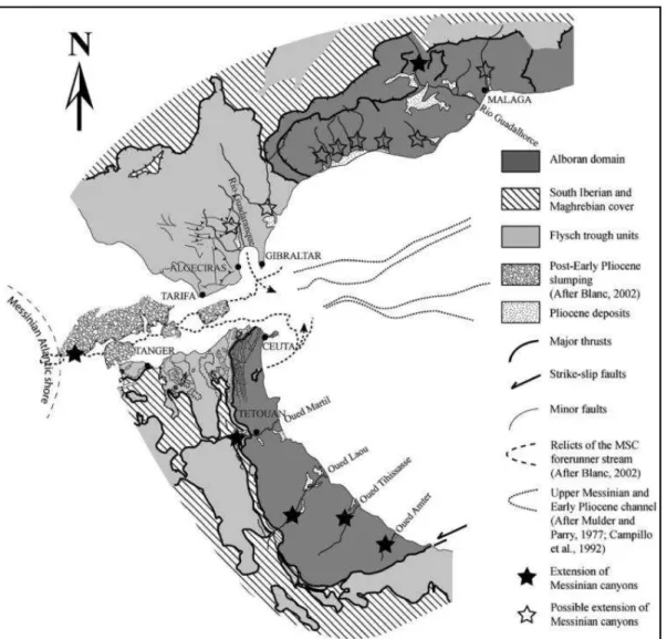 Figure I-16 : Carte des principales unités structurales de l'arc de Gibraltar et localisation des rias pliocènes (Loget  et Van Den Driessche, 2006)