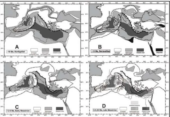 Figure  I-18 :  Evolution  paléogéographique  et  tectonique  de  la  Méditerranée  du  Burdigalien  au  Messinien  supérieur (d’après Jolivet et al., 2006)