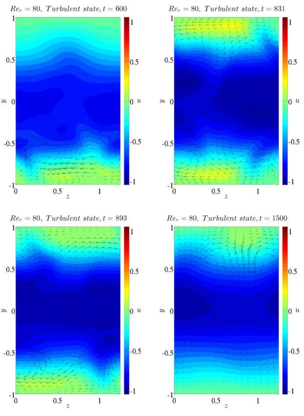 Figure 4.8: Visualisation of the reversals of the wall-localised structures in the turbulent flow at Re τ = 80