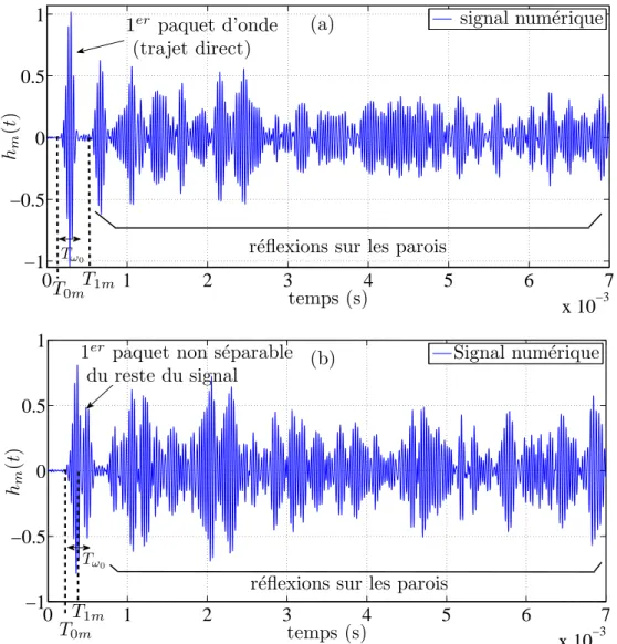 Figure 2.6 – Exemples des signaux réverbérés reçus à partir des calculs numériques. (a) Le 1 er paquet d’onde est séparé du signal réverbéré