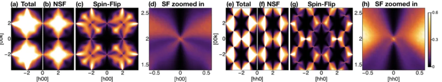 FIG. S3. 4-Fold Pinch Points (4FPPs) in spin structure factor in the [h0k] and [hhk] plane of momentum space of the model [Eq
