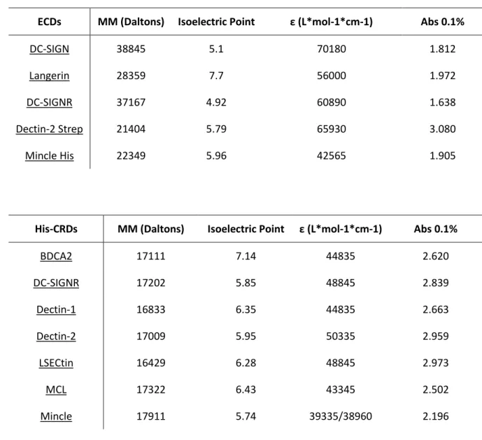 Table  8  and  9.  Molecular  weight,  isoelectric  points,  molar  extinction  coefficient  ε  and  Abs  0.1%  values  for  the  considered ECDs and CRDs