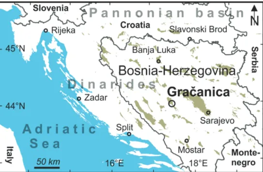 Fig. 1 Geographical setting of the locality Gra č anica in Bosnia and Herzegovina with indication of Neogene basins in the Dinarides (in dark green colour), after Mandic et al